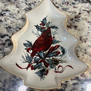 Lenox Holiday Tree-Shaped Dish with Red Cardinal and Gold Trim